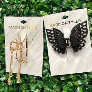 2 Madison Tyler Butterfly Hair Clips Gold Tassel & Black Boho Claw Clip NWT
